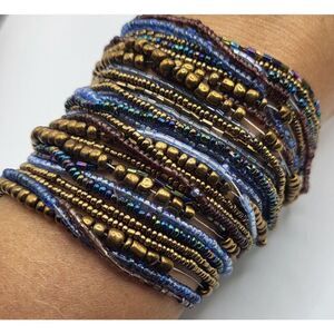 Indonesian Blue Gold Beaded Layered Bangle Bracelet with Wooden Clasp 9in